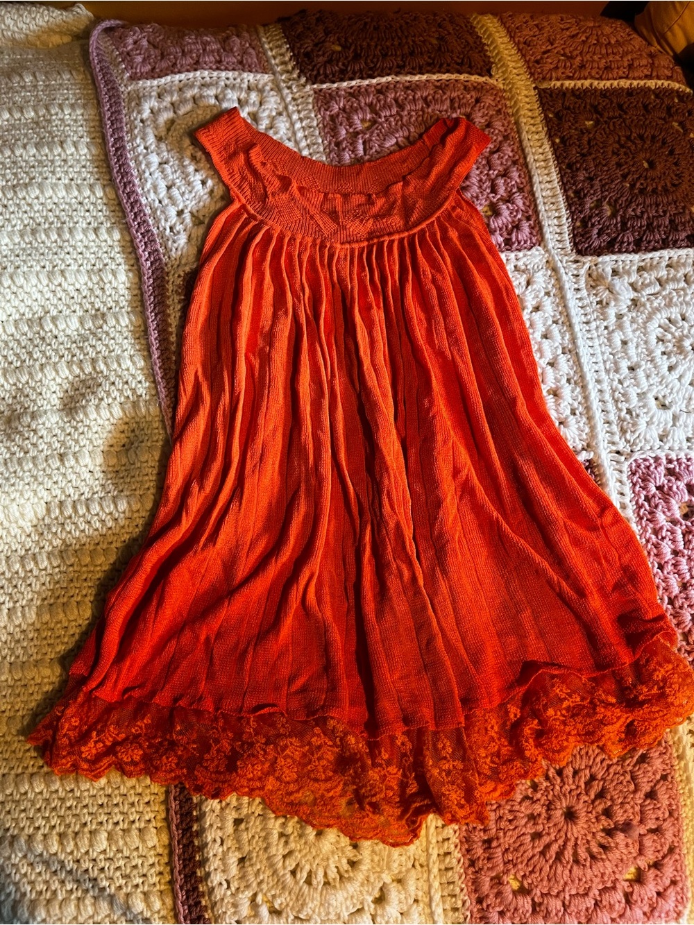 Orage Vibrant Orange Off-Shoulder Lace-Hem Mini Dress